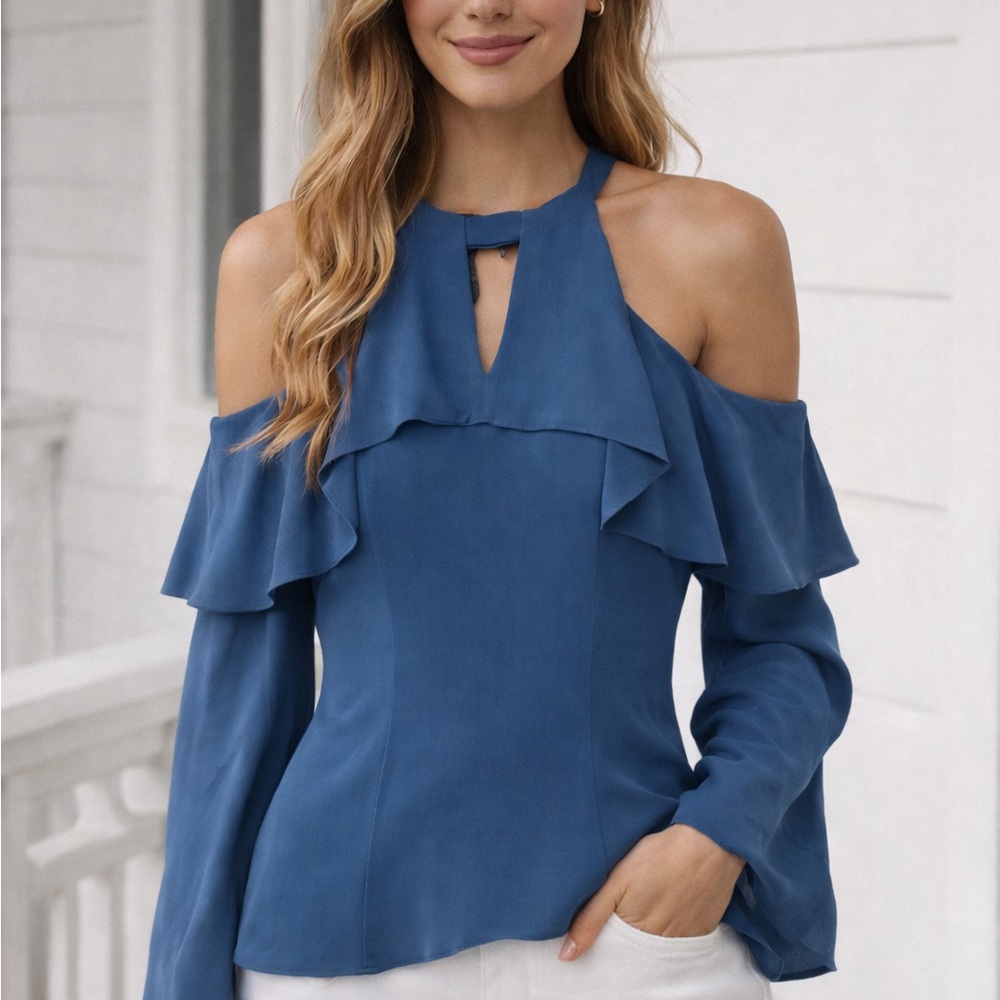 Alice & Trixie Blue Ruffle Cold Shoulder Blouse